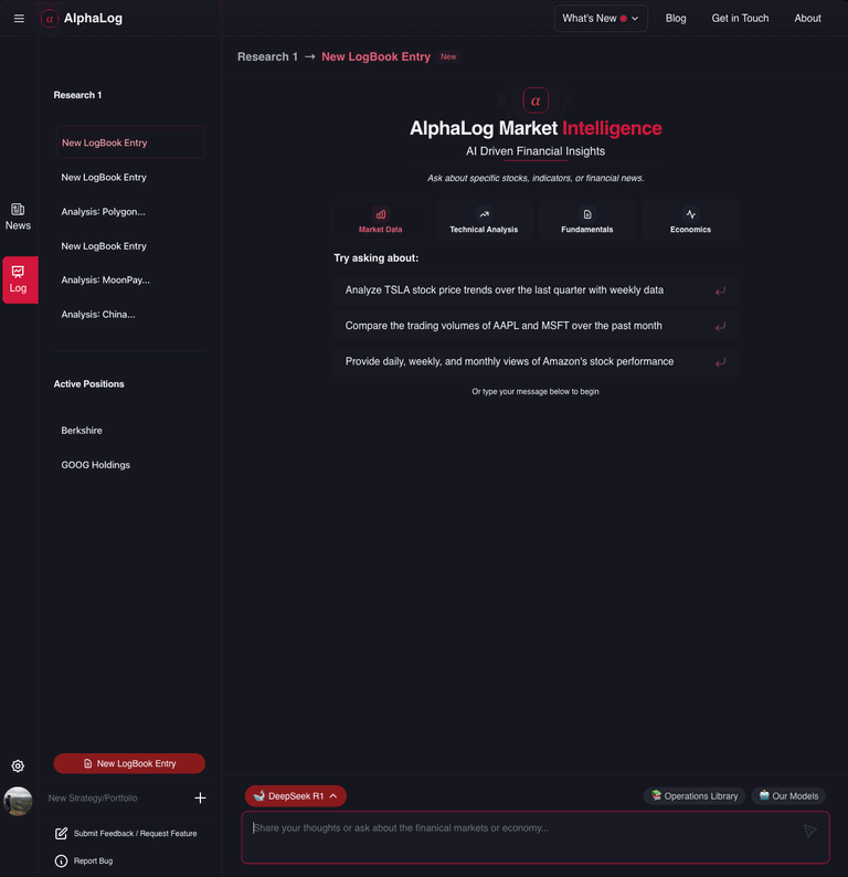 AlphaLog Product Demo - AI-powered stock analysis and portfolio tracking in action